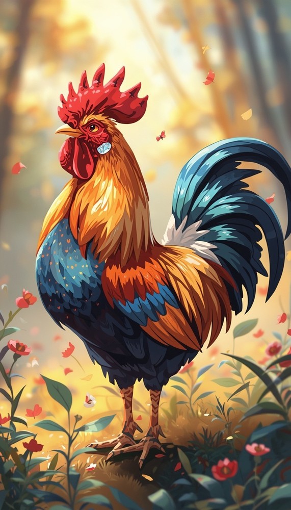 Colorful Rooster Illustration Digital Art Farm Animal Wall Art