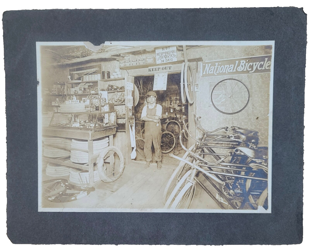 Vtg c. 1890s Photograph National Bicycles Repair Shop Bikes Tires Rims