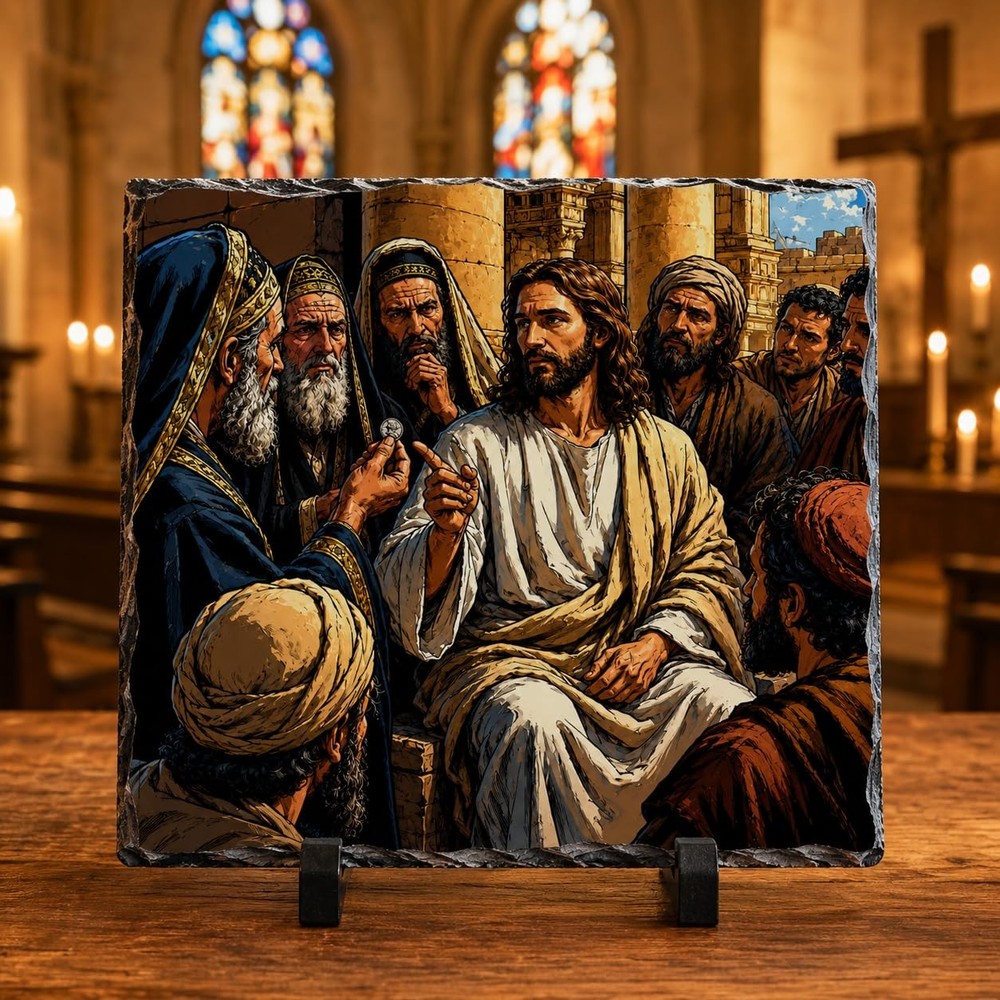 Render Unto Caesar Jesus Comic Book Style Rock Slate Christian Gift