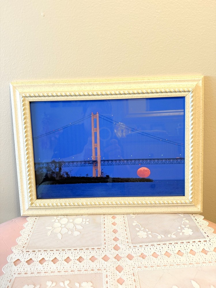 Pair Professionally Wood Framed Machinac Bridge & Lighthouse Photographs