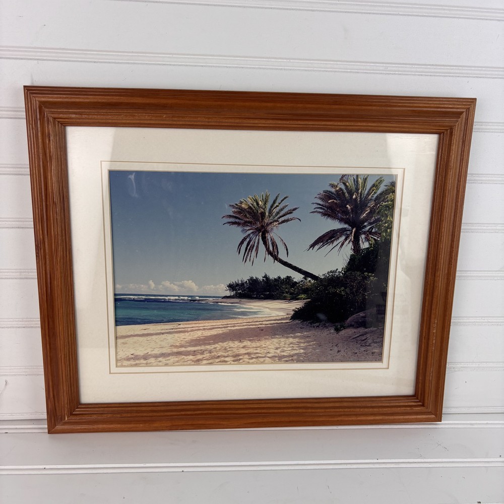 Vintage John Vragel “Sunset Beach” Framed Tropical Palm Tree Photograph Art