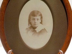 Antique Oval Wood Frame & Mat Victorian Era with Sepia Photograph of Young Boy