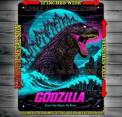 Godzilla in Neon Tokyo Comic Book Style Style Metal Sign Wall Art 14″ x 11″