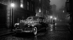 Vintage Noir Car Foggy Cobblestone Digital Download Printable Wall Art PNG File