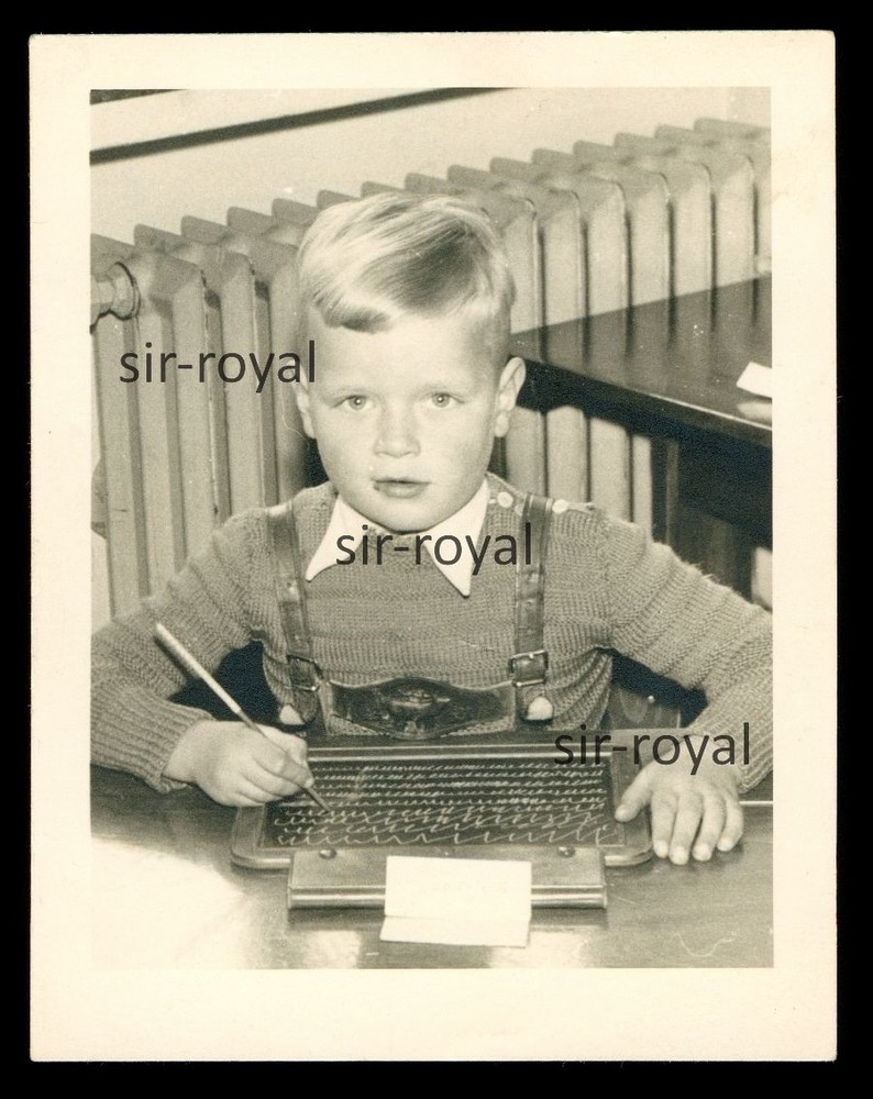 Blonde boy Jürgen with slate blackboard in first grade – photo 7x9cm
