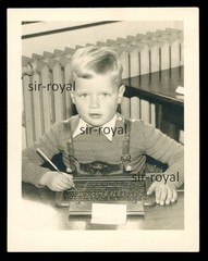Blonde boy Jürgen with slate blackboard in first grade – photo 7x9cm