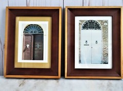 Wood Framed Arched Front Door Photos Pair Matted Earth Tones OD 9 1/8 X 7 1/8 In