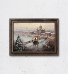 Vintage Winter Painting, Snowy Bridge Art, Printable Download, Snow Scenery