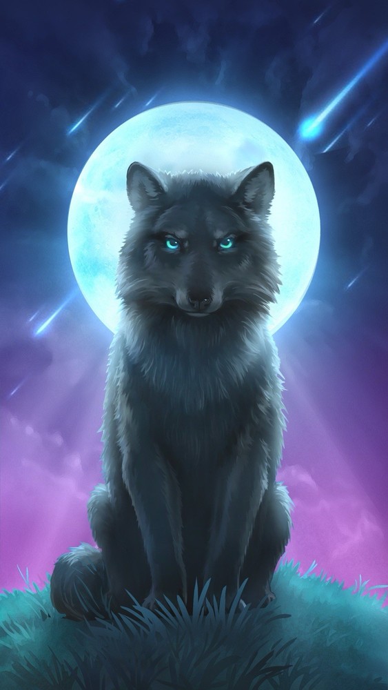 Wolf and Moon Fantasy Wildlife Photography Portrait, Color Art Photograph
