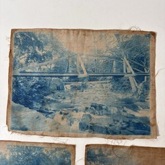 Antique Cyanotype Lot Historic Bridge River Linen Fabric Photograph Blue Unknown