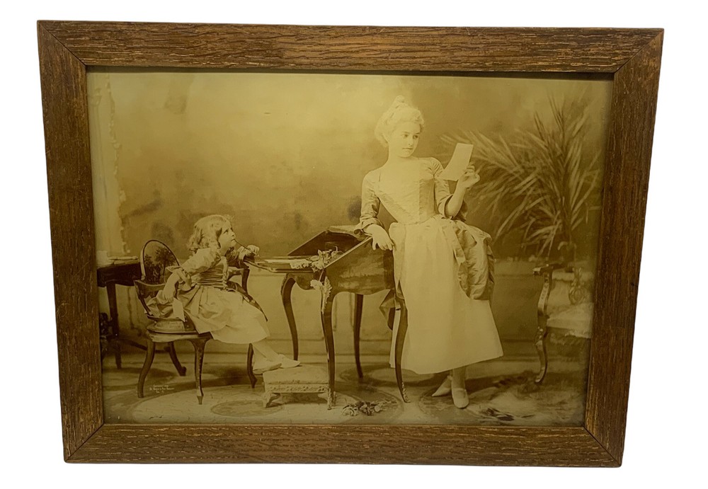Antique Portrait Photo Woman Child Writing Reading Baker’s Art Gallery Framed