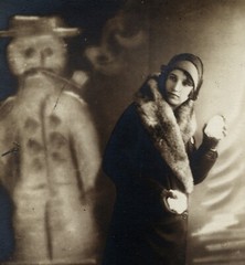 Vintage fine art Photograph on cardboard, woman w snowballs, snowman w pipe, unu