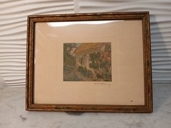 Wallace Nutting “Hollyhock Cottage” Antique Signed Print Hand Tinted