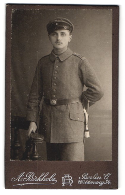 Photograph A. Birkholz, Berlin, Prussian Soldier in Field Grey Uniform Rgt. 165