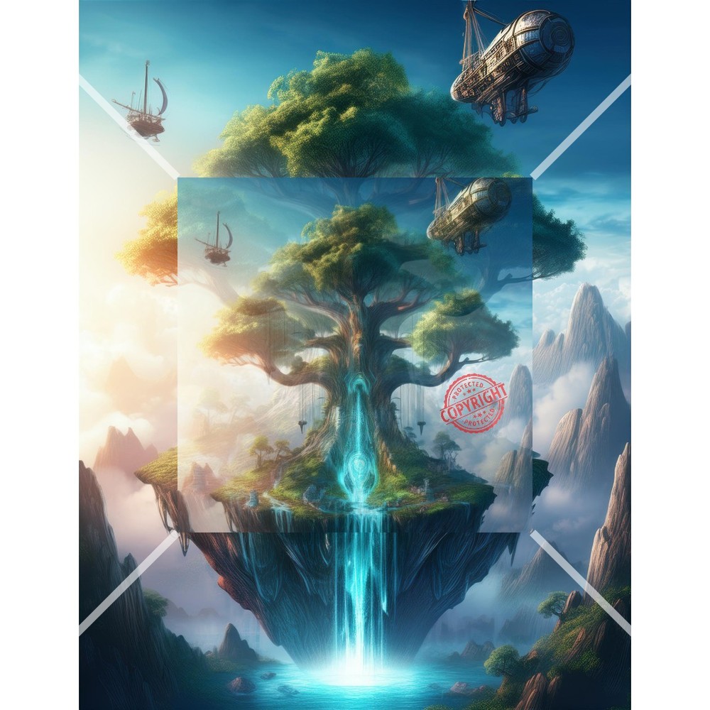 Eternal Gateway – Surreal Digital Art | Floating Tree & Mystic Waterfall
