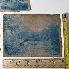 Antique Cyanotype Lot Historic Bridge River Linen Fabric Photograph Blue Unknown