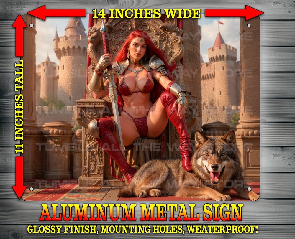 Sexy Red Sonja with Sword with Great Wolf with Castle Metal Sign Art 14″x 11″