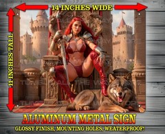 Sexy Red Sonja with Sword with Great Wolf with Castle Metal Sign Art 14″x 11″