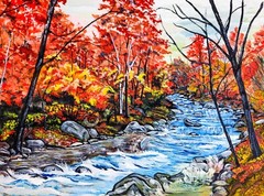 Stream Alongside Red & Yellow Leaves Art DIGITAL DOWNLOAD Zen Landscape Decor
