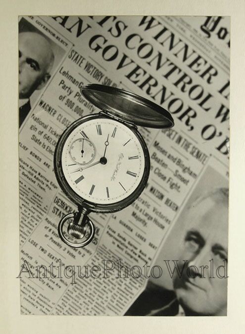 Watch and Franklin Roosevelt newspaper article antique art photo montage