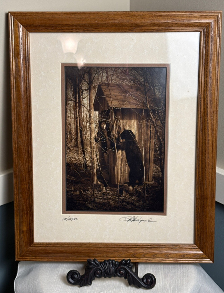 Signed Framed Limited Ed Humor Sepia Photo – Bear Waiting Outside the Outhouse