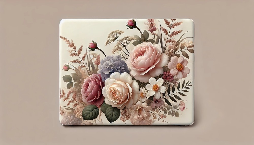 Digital Floral Art Print – Elegant Pastel Flower Bouquet Design for Laptop Cover