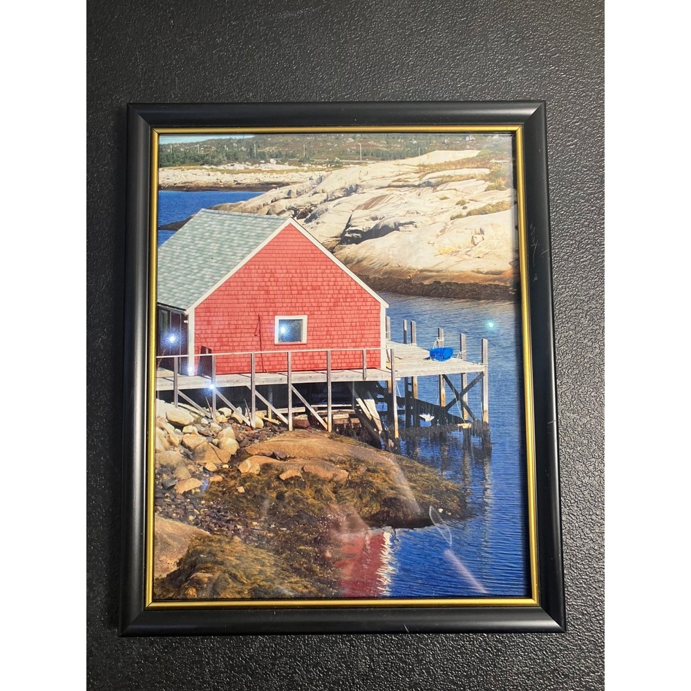 Coastal Red Fishing Shack Landscape Framed Photo Nautical Wall Art Decor