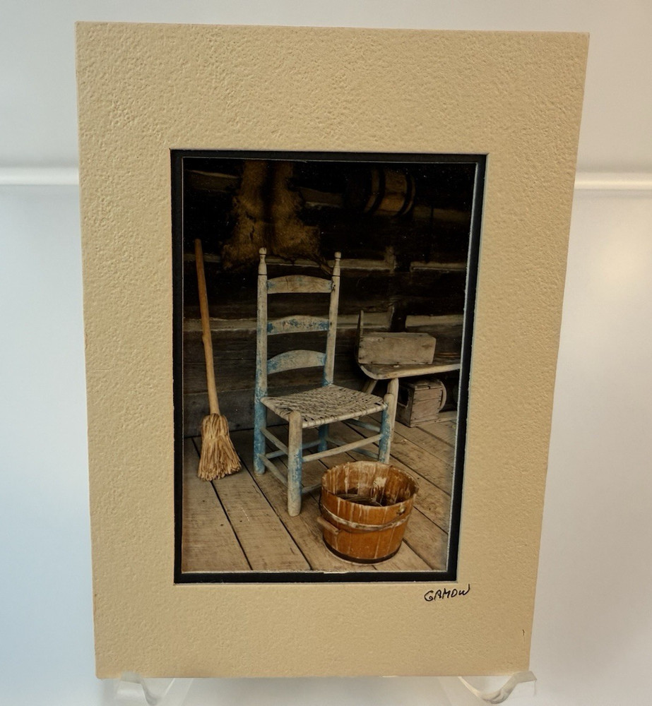 Gamow signed Old Farm Chair on Porch Broom Bucket Photography Art 5″ x 7″ Mated