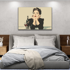 Vintage Woman Pop Art, Red Lipstick Cartoon Girl Poster, Bottle of Wine Lover