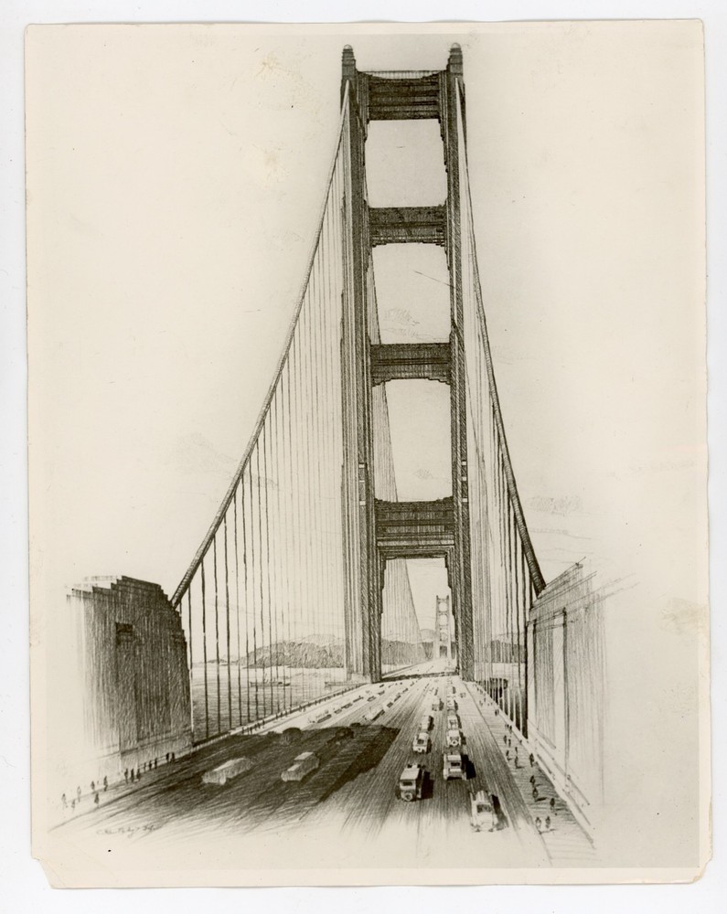 Construction of Golden Gate Bridge San Francisco CA Historical 1930 Press Render