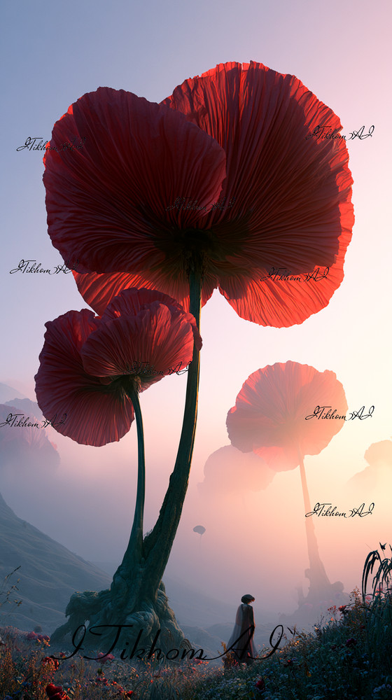 Digital Art Picteres Landscape Flowers Poppies Fog Fantasy Wallpaper Desktop