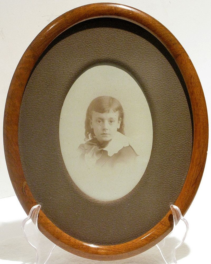 Antique Oval Wood Frame & Mat Victorian Era with Sepia Photograph of Young Boy