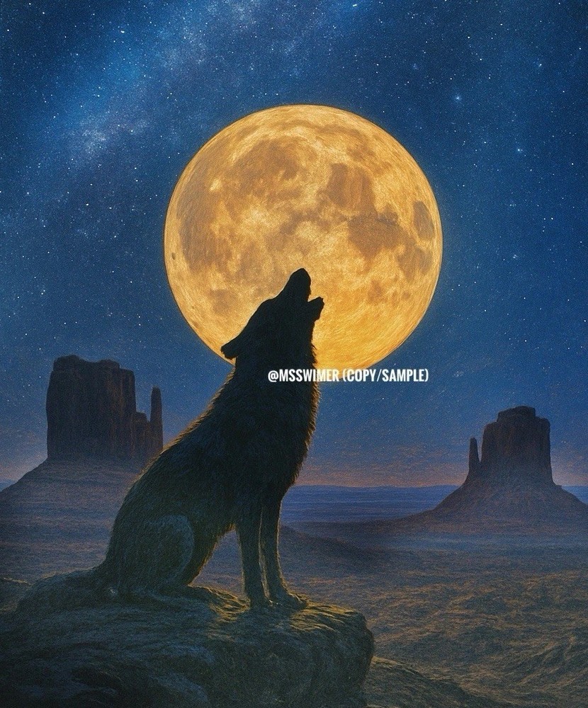Howling Wolf Full Moon Digital Art-Printable Wildlife Night Sky Poster Download