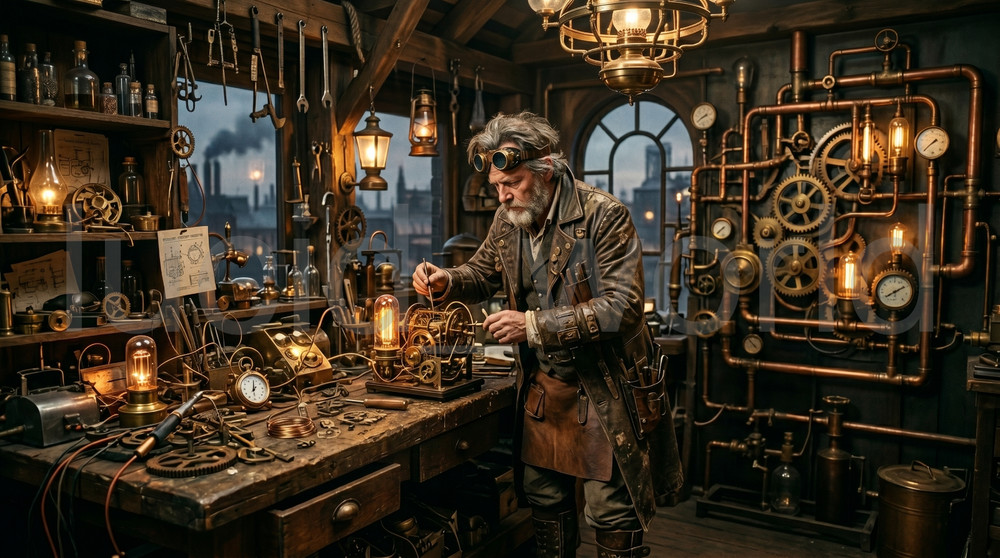 Steampunk Inventor Workshop Digital Art Download Vintage Clockwork Lab Poster