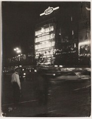Oversized vintage 1960s night view, street, Czech town, neon lights, art photo