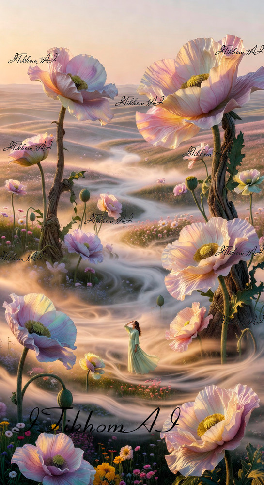 Digital Art Picteres Landscape Flowers Poppies Fog Fantasy Wallpaper Desktop
