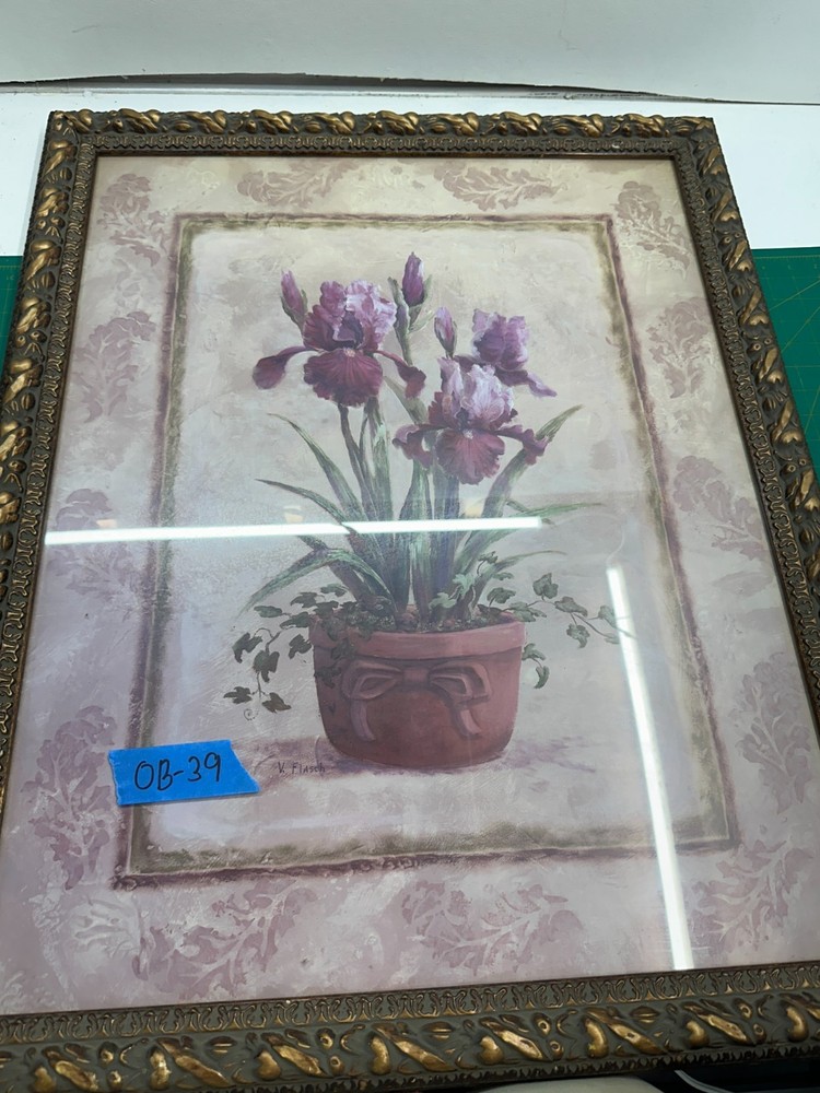 Vintage Large Vase Floral Framed Handmade Painted Picture by V. Flasch