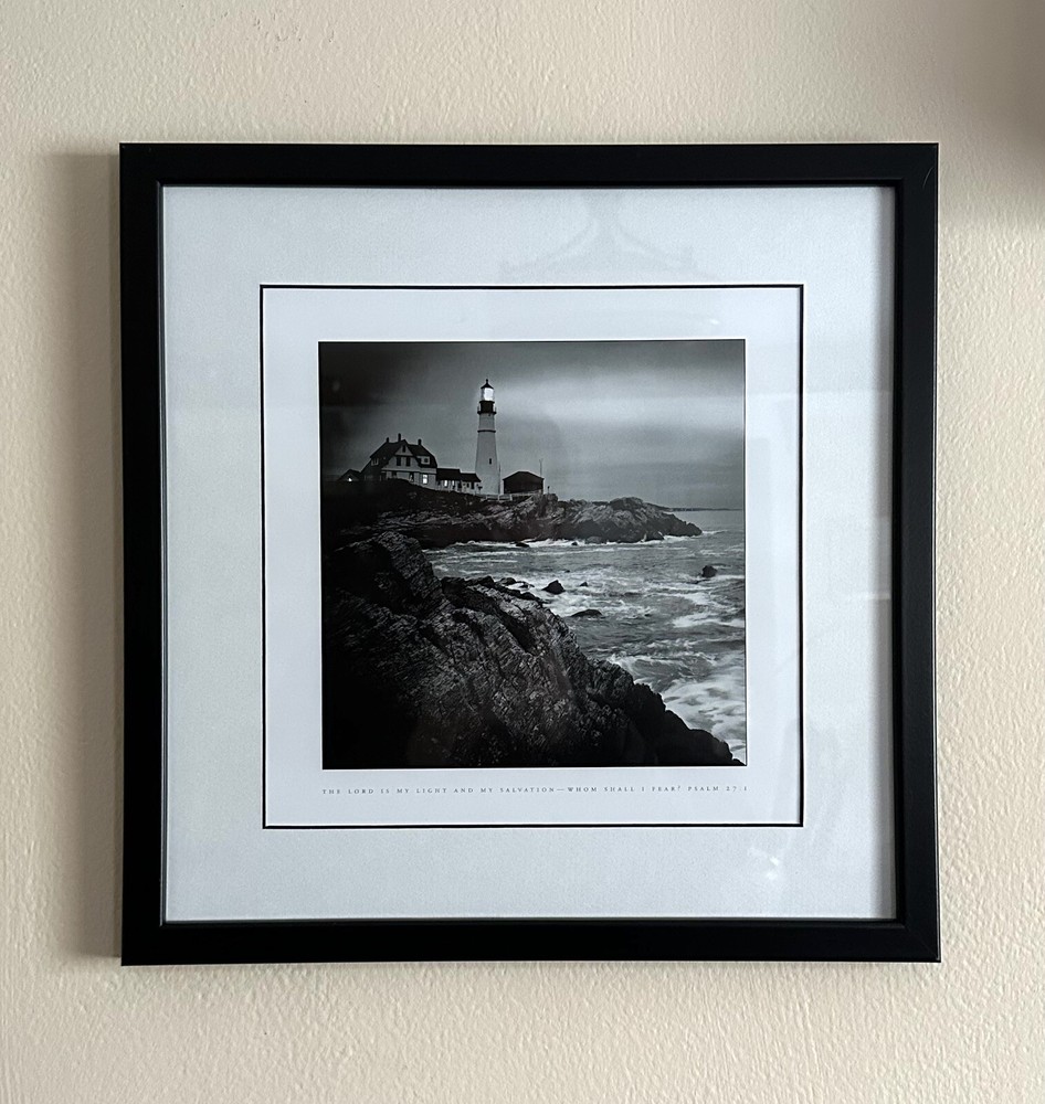 Portland Head Lighthouse Black & White, Framed & Matted Inspirational Psalm 27:1