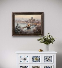 Vintage Winter Painting, Snowy Bridge Art, Printable Download, Snow Scenery