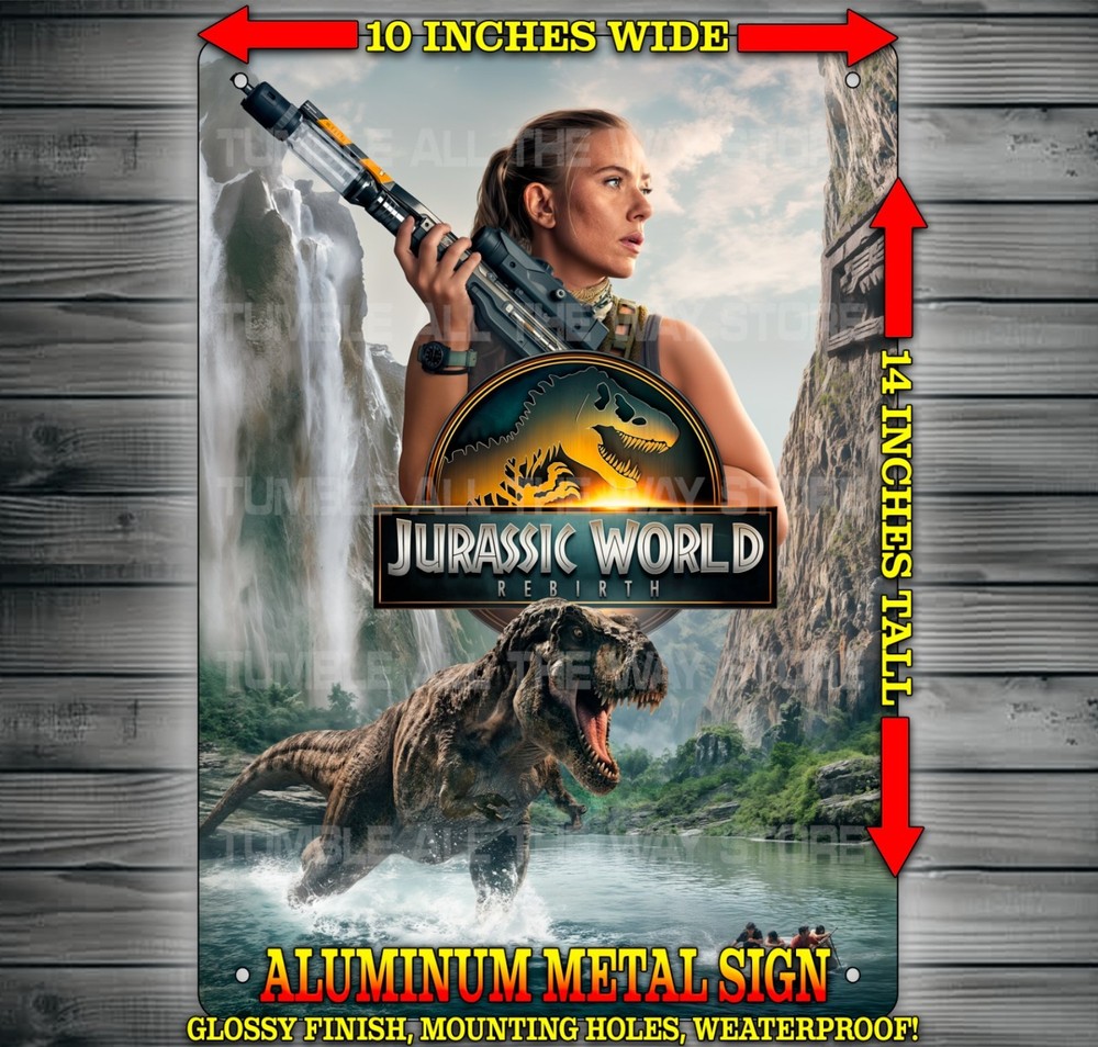 Jurassic World Rebirth Movie with T-Rex in River Metal Sign Wall Art 10″ x 14″