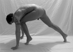 Nude male art model photographs, two 4×6″ and one 5×7″ greyscale prints