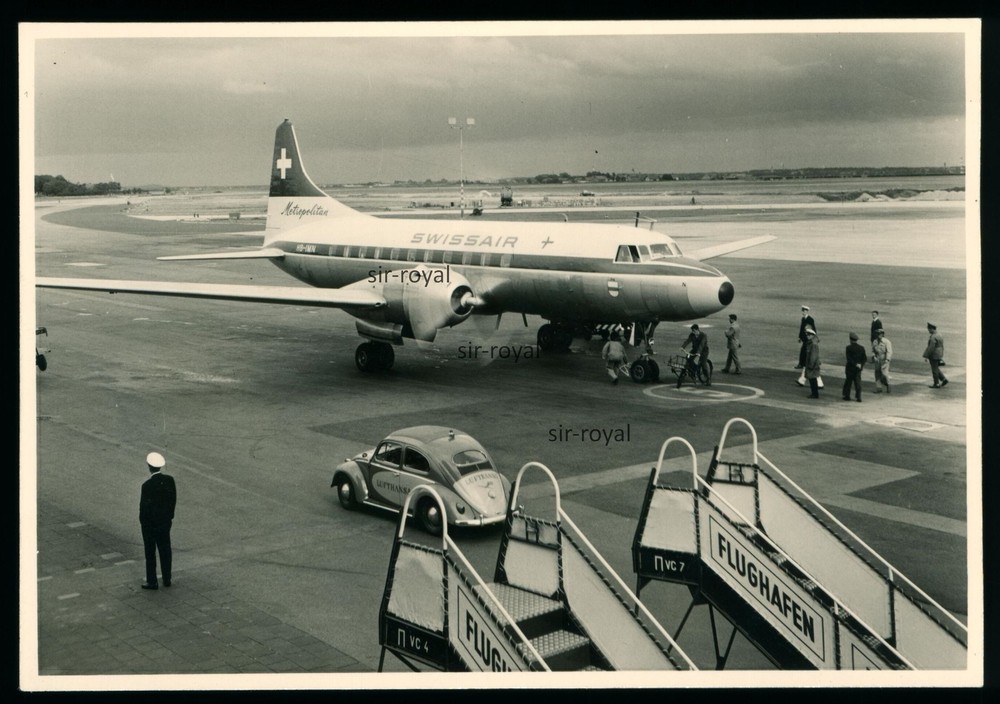 Lufthansa VW Beetle Car in Front of Swissair Aircraft Convair 440 HB-IMN – Photo 10x7cm