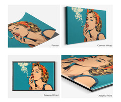 Retro Pop Art Woman Smoking, Vintage Comic Print, Stylish Red Lipstick Painting