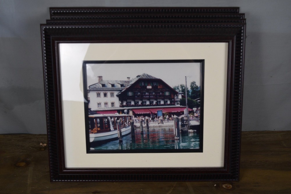 Lakeside Alpine Chalet Boats Pier Framed Matted Color Photo Print Wall Art