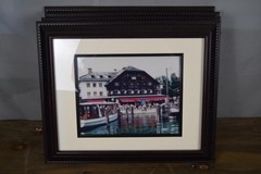 Lakeside Alpine Chalet Boats Pier Framed Matted Color Photo Print Wall Art