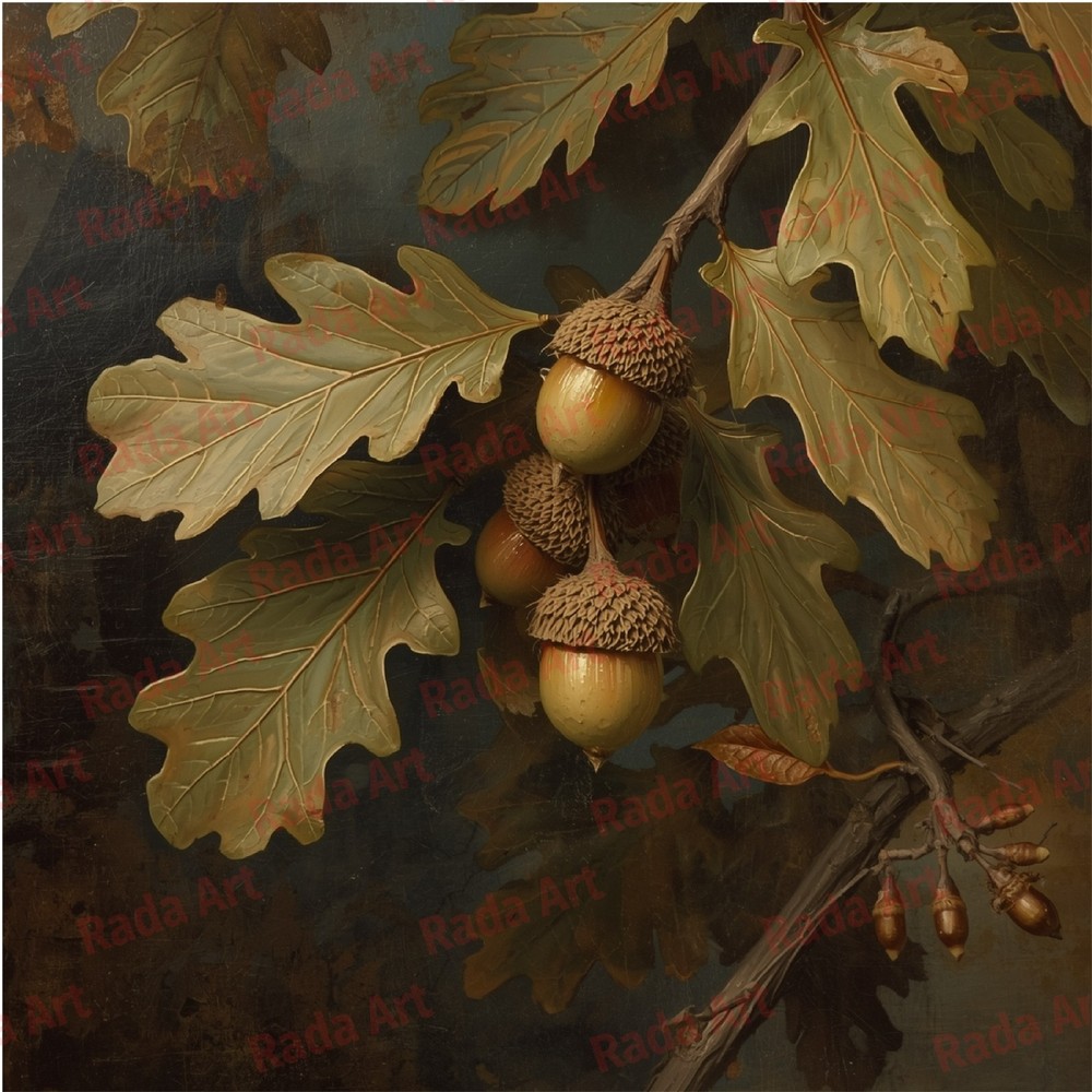 Digital Poster Vintage Image Art Ai Picture Photo Wallpaper Branch Acorns Oak