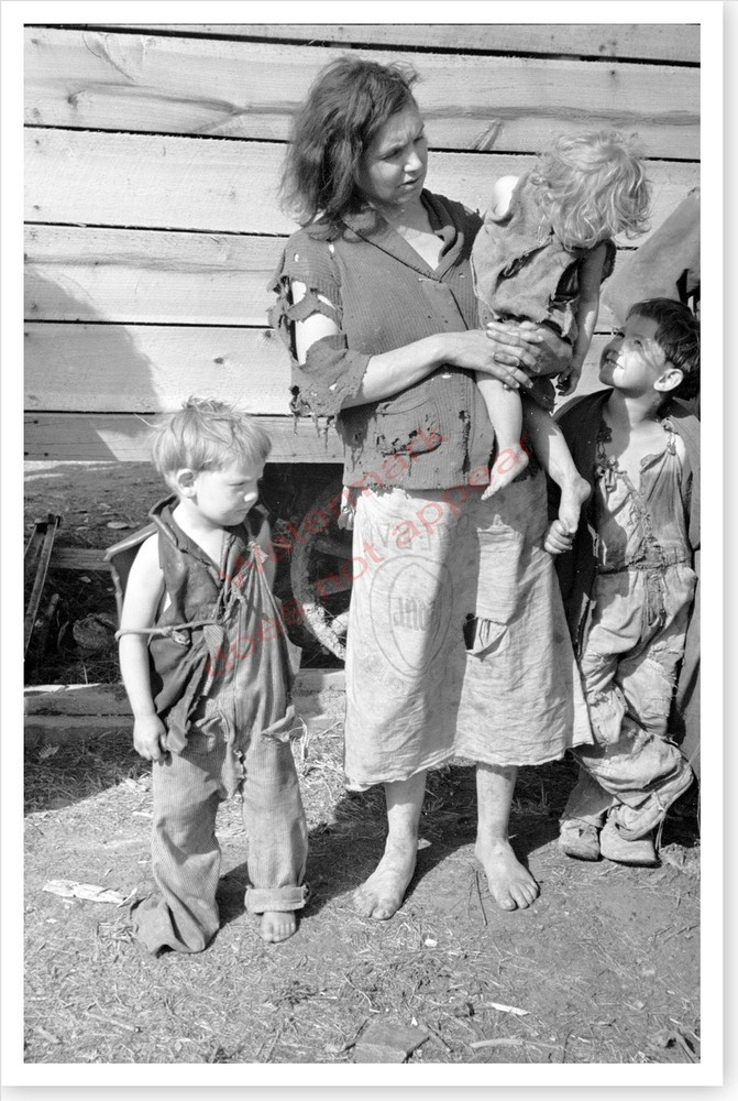 Depression Era Mother Wearing Flour Sack Skirt With Children Silver Halide Photo