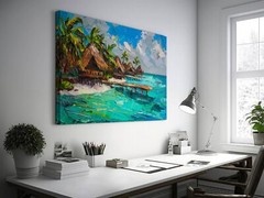 Bora Bora Oil Painting, Bora Bora Beach Landscape, Palm Trees Tiki Hut Wall Art