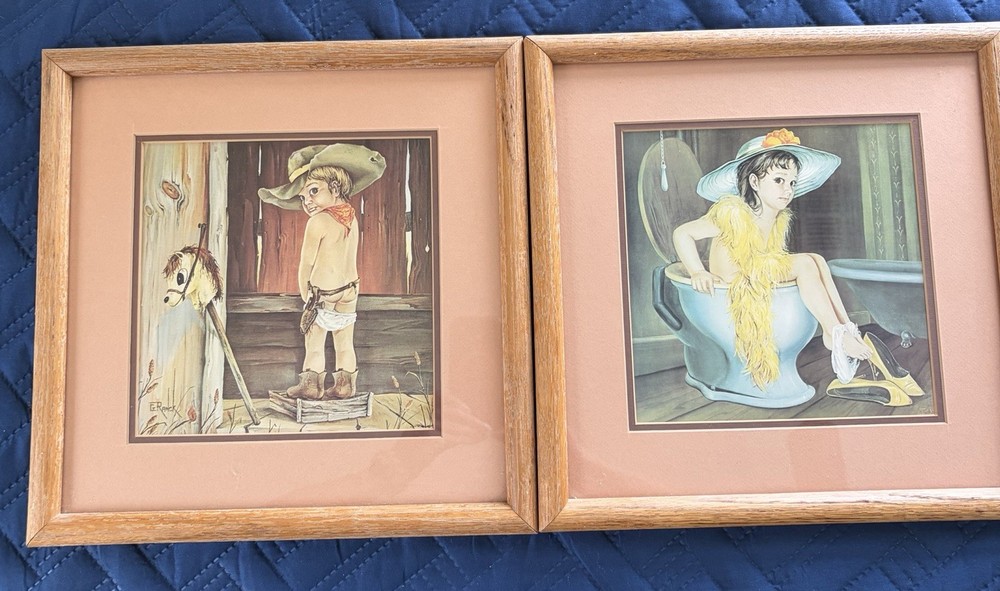 Little Cowboy/Girl Toilet Restroom G. Ranck Framed Print Western Theme Art