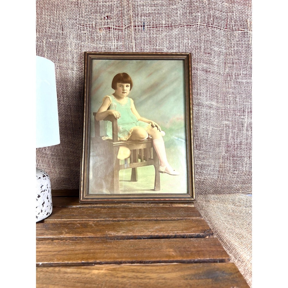 Hand-Tinted Child Portrait Photo – 1920s Framed –Pastel Tinting, Wood Frame